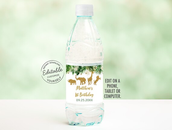 EDITABLE Gold Safari Birthday Water Bottle Labels, Wild One Birthday, Safari Animals, Jungle Animals, Boy Safari, Printable, Digital A476 Il_570xn