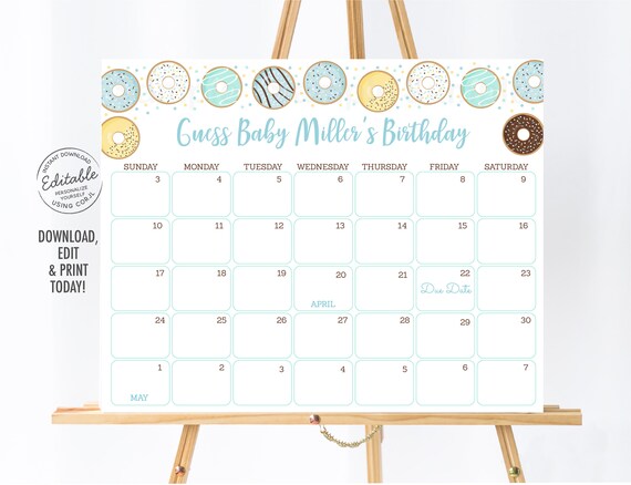 EDITABLE Donut Baby Shower Due Date Calendar, Blue Donut Baby Sprinkle, Donuts & Diapers, Doughnut, Birthday Predictions, Printable A501 Il_570xn