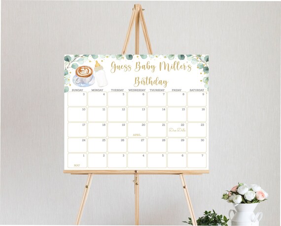Editable Baby Is Brewing Birthday Predictions Calendar Coffee Baby Shower Greenery Gender Neutral Guess Baby's Birthday Digital A601 Il_570xn