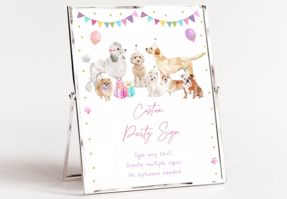 Editable Puppy Birthday Sign Table Sign Let's Paw-ty Girl Puppy Birthday Animal Shelter Vet Puppy Dog with Balloons Digital Download A621 Il_570xn