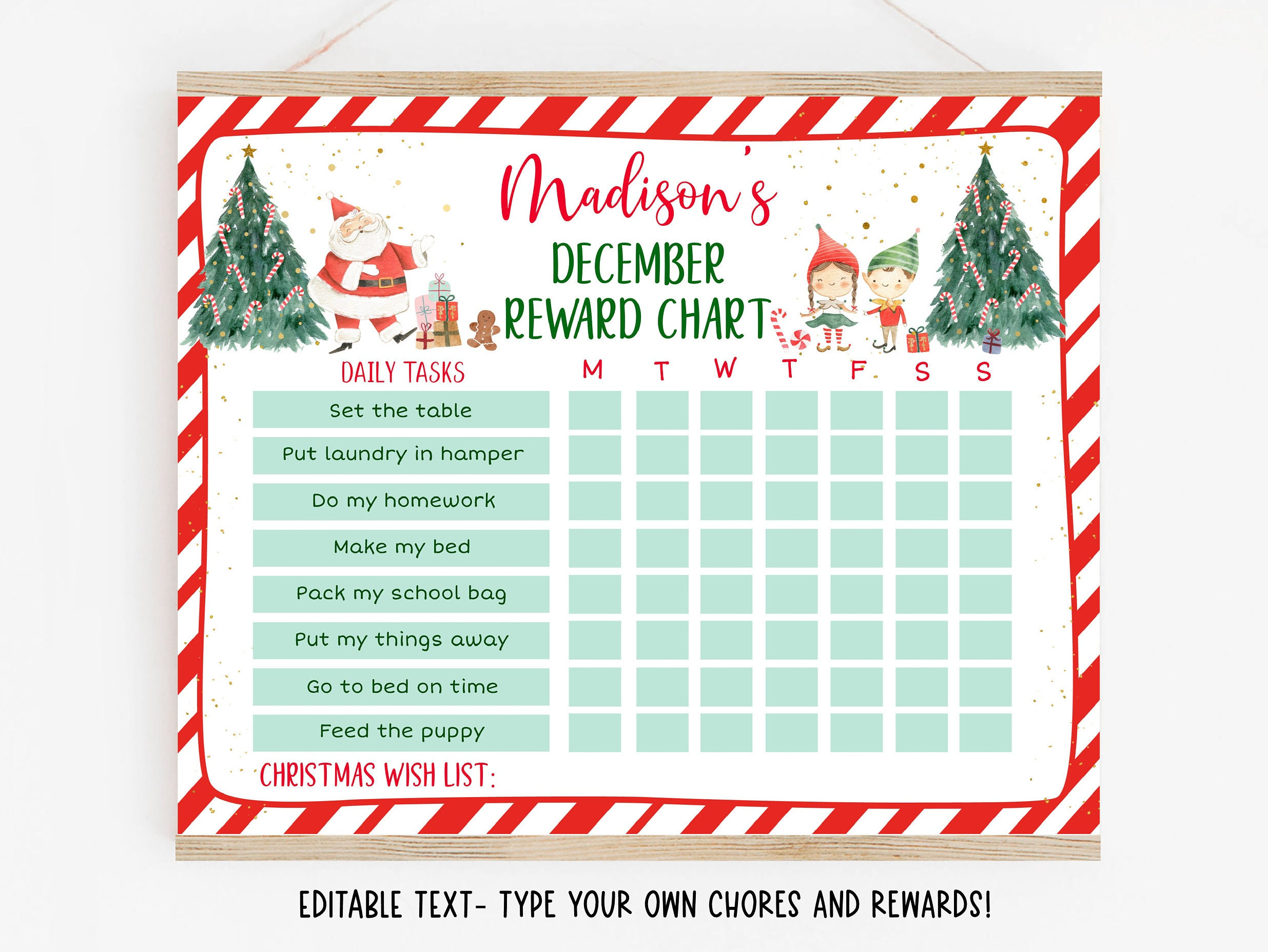 editable christmas elf reward chart, christmas behavior chart, boy
