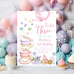 Editable Tea Party Third Birthday Invite Tea for Three Birthday Invitation Pink Gold Floral Tea Party Cake Cupcake Cookie Download A651