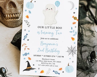 Editable Boo Ghost Second Birthday Invitation Boo Turning Two Invite Blue Boy Ghost Pumpkin Halloween Party Digital Download A706