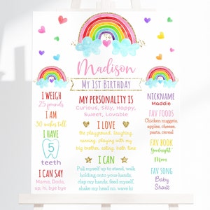 May include: A colorful rainbow-themed first birthday milestone poster with the name Madison. The poster includes details about the child's weight, height, favorite foods, books, and songs.