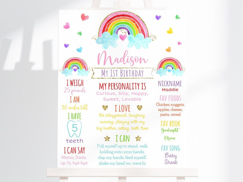 May include: A colorful rainbow-themed first birthday milestone poster with the name Madison. The poster includes details about the child's weight, height, favorite foods, books, and songs.