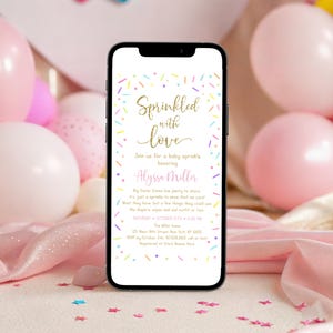 Editable Baby Sprinkle E-Invitation Sprinkled with Love Invite Rainbow Gold Gender Neutral Watercolor Sprinkles Digital Download A642