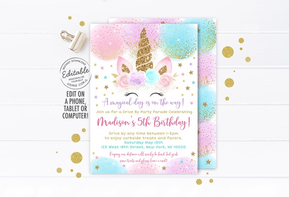EDITABLE Unicorn Drive By Birthday Parade Invitation Quarantine Party Girl Birthday Social Distancing Party Printable Instant Download A451 Il_570xn