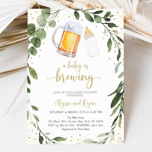 Baby Is Brewing Invitation Beer Baby Shower Invitation Greenery Gender Neutral Coed Baby Shower Editable Printable Digital Corjl A526