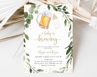 Baby Is Brewing Invitation Beer Baby Shower Invitation Greenery Gender Neutral Coed Baby Shower Editable Printable Digital Corjl A526