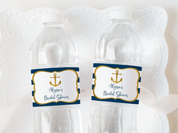 Editable Nautical Anchor Water Bottle Labels, Nautical Bridal Shower, Navy & Gold Anchor, Nautical Stripes, Printable Digital Download B101
