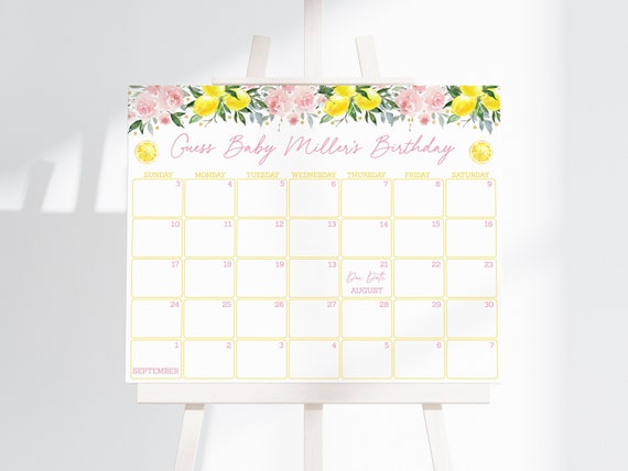 Lemonade Baby Due Date Calendar Game Pink Lemonade Shower Little Sweetie Pink Gold Girl Floral Guess Baby's Birthday Printable Digital A613 Il_570xn