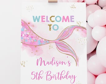 Letrero de bienvenida de sirena editable, diseño de sirena en rosa y dorado, para primer cumpleaños, imprimible, descarga digital A627