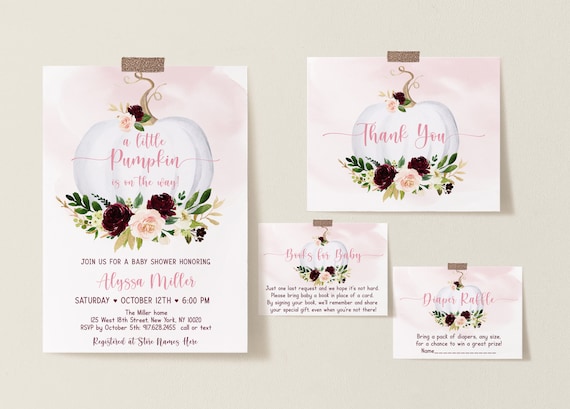 Editable Pumpkin Baby Shower Invitation Set, Baby Shower Bundle, Little Pumpkin, Baby Girl, Fall, Autumn, Pink, Burgundy, Gold Digital A569 Il_570xn