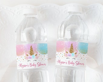 Editable Unicorn Baby Shower Water Bottle Labels Pink & Gold Unicorn Floral Unicorn Girl Baby Shower Printable Instant Download Corjl A450