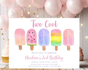 Bearbeitbare Einladung zum 2. Geburtstag mit Eis am Stiel – Eis am Stiel-Party für Mädchen – Digital A674
