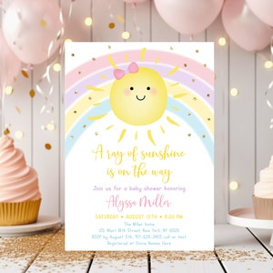 Editable Sunshine Rainbow Baby Shower Invitation Pastel Rainbow Little Ray of Sunshine Girl Baby Shower Printable Digital Download A599