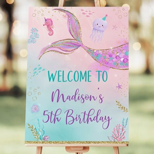 Editable Mermaid Birthday Welcome Sign Girls Under The Sea Mermaid Party Pink Purple Teal Gold Mermaid Tail Digital Download A711