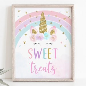 Unicorn Sweet Treats Birthday Sign Rainbow Unicorn Party Pink Gold Pastel Floral Unicorn Dessert Sign Printable Digital Download A582