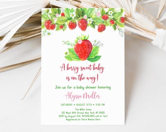 Strawberry Baby Shower Invitation Berry Sweet Baby Shower Invite Watercolor Strawberries Editable Printable Digital Download A618