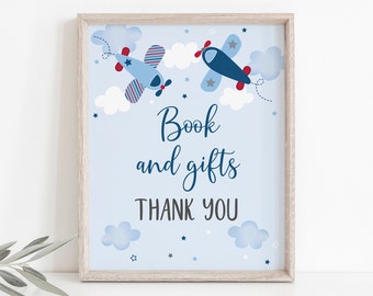 Airplane Books and Gifts Sign, Airplane Baby Shower, Airplane Party, Boy Baby Shower, Clouds, Stars, Printable, Digital Download A566