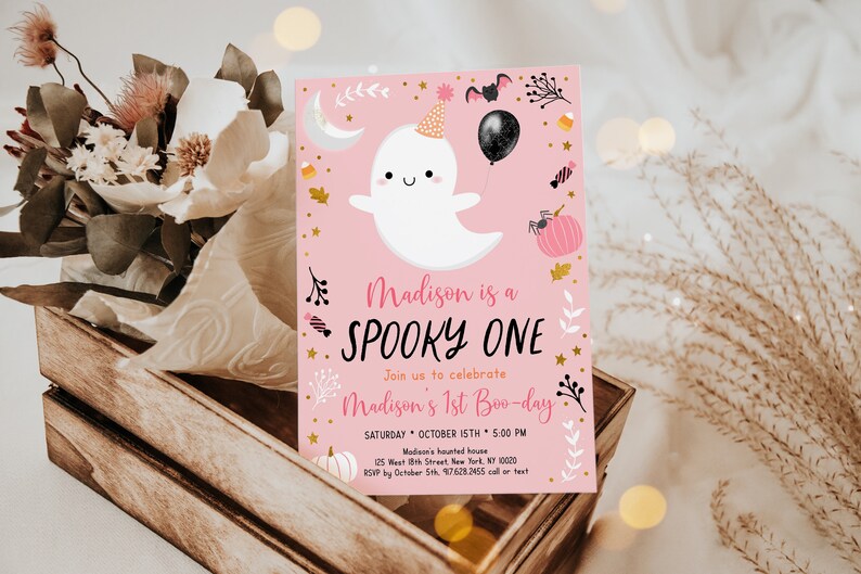 May include: Pink and white Halloween party invitation featuring a cute ghost wearing a party hat and holding a black balloon. The text reads "Madison is a Spooky One" and "Join us to celebrate Madison's 1st Boo-day".