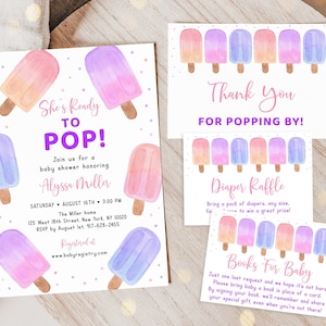 Editable Pink Popsicle Baby Shower Invitation Bundle, She&#39;s Ready To Pop, Baby Girl, Diaper Raffle Book Card Suite Digital Download A699