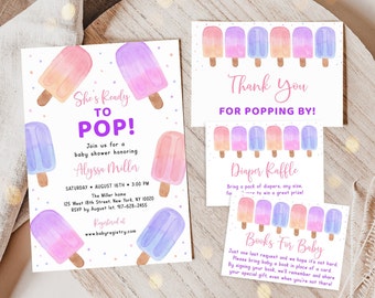 Editable Pink Popsicle Baby Shower Invitation Bundle, She's Ready To Pop, Baby Girl, Diaper Raffle Book Card Suite Digital Download A699