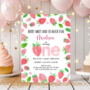 Editable Strawberry Birthday Invitation Berry Sweet Birthday Strawberry Party Girl First Birthday Greenery Floral Digital Download A667