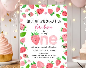 Editable Strawberry Birthday Invitation Berry Sweet Birthday Strawberry Party Girl First Birthday Greenery Floral Digital Download A667