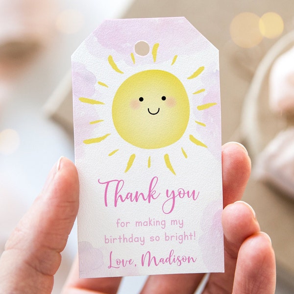 Editable Sunshine Birthday Thank You Tag Favor Tags Sunshine Party Sunshine First Birthday Girl Pink Sun Clouds Digital Download A600