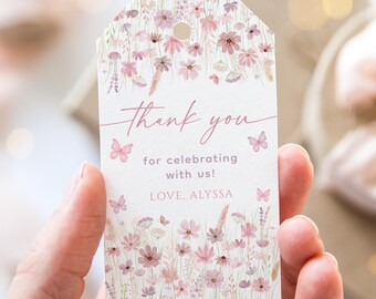May include: A white gift tag with a floral design in shades of pink and purple. The tag reads "thank you for celebrating with us!" and includes the name "Alyssa". Butterflies are scattered around the tag.