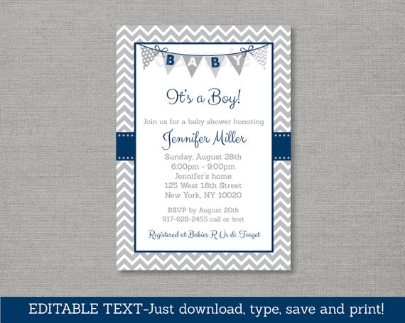 Cute Chevron Baby Shower Invitation / Chevron Baby Shower Invite / Chevron Pattern / Navy Blue & Grey / INSTANT DOWNLOAD Editable PDF A145 Il_570xn