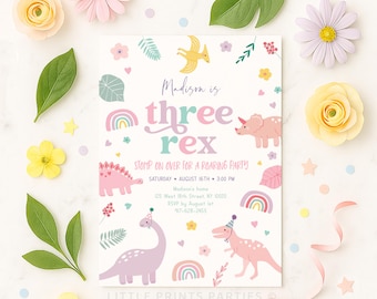Editable Girly Pastel Dinosaur Birthday Invitation, Three Rex Dinosaur 3rd Birthday Invite, Cute Pink Girl Dinosaur Party, Digital A736