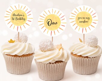 Editable Sunshine Birthday Cupcake Toppers Boho Little Sunshine Party You Are My Sunshine Boy Girl Gender Neutral Digital Download A681