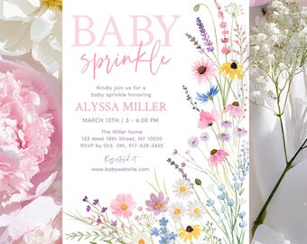 Invito per baby shower con fiori selvatici, baby shower con fiori rosa e viola in stile boho, floreale selvatico, per bambina, digitale modificabile A786