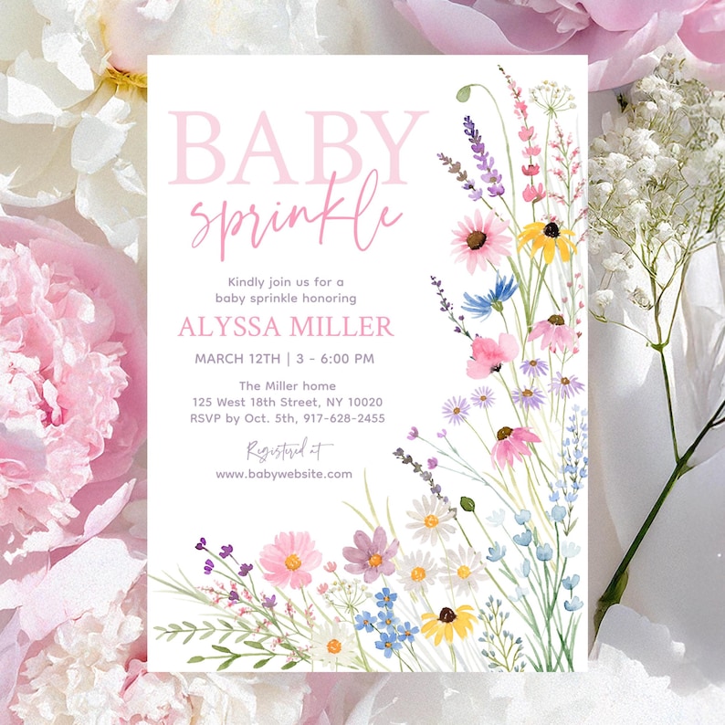 May include: A baby sprinkle invitation with the words "BABY sprinkle" in pink script. The invitation includes details for Alyssa Miller's baby sprinkle, with floral illustrations in pink, yellow, blue, and purple.