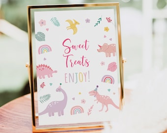 Signo de cumpleaños de dulces y golosinas de dinosaurio rosa, cumpleaños de dinosaurio boho, fiesta de dinosaurios para niñas, dinosaurios pastel, descarga digital A736