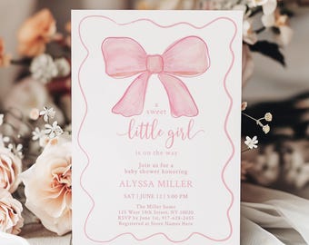 Editable Pink Bow Baby Shower Invitation Watercolor Bow Baby Shower Invite Minimalist Ribbon Squiggle Baby Girl Digital Download A742