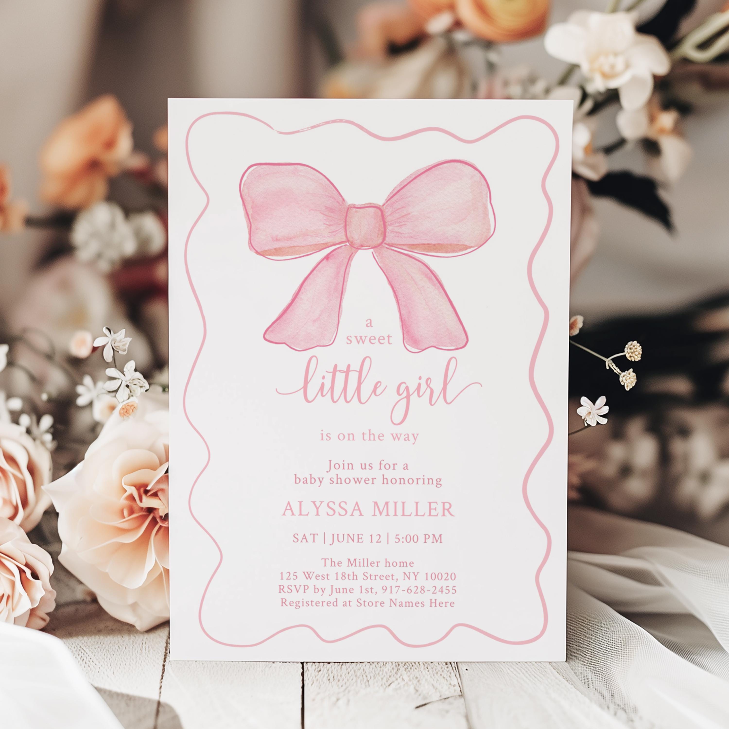 Editable Pink Bow Baby Shower Invitation Watercolor Bow Baby Shower ...