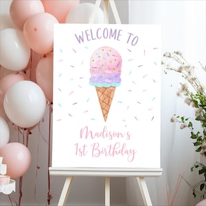 Bearbeitbares Eis Geburtstag Willkommensschild Mädchen Eis Party Moderne Aquarell Eis Streusel Printable Digitaler Download A673
