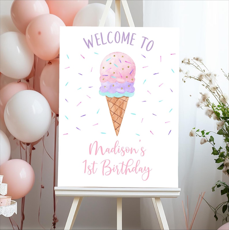 Bearbeitbares Eis Geburtstag Willkommensschild Mädchen Eis Party Moderne Aquarell Eis Streusel Printable Digitaler Download A673 Bild 3