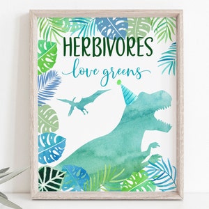 Herbivores Dinosaur Birthday Sign T-Rex Birthday Dinosaur Party Dinosaur Safari Green Blue Watercolor Dinosaurs Digital Download A663
