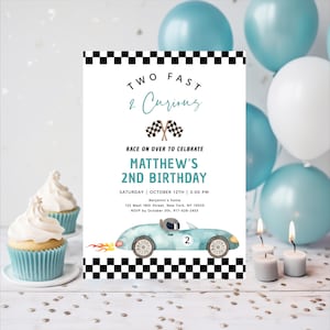 Editable Two Fast Birthday Invitation Blue Race Car Birthday Invite 2 Curious Racing Party Racing Car Flame Boy Second Birthday A688