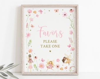 May include: A pink and gold printable sign with the text "Favors Please Take One" surrounded by a floral border with butterflies and fairies.
