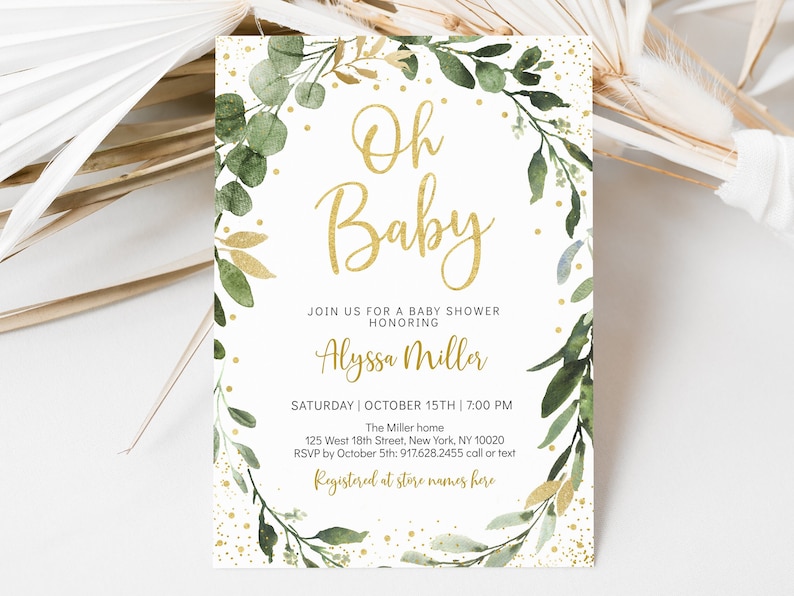 Editable Greenery Baby Shower Invitation Oh Baby Gender Neutral Greenery & Gold Eucalyptus Floral Printable Digital Instant Download A529 image 1
