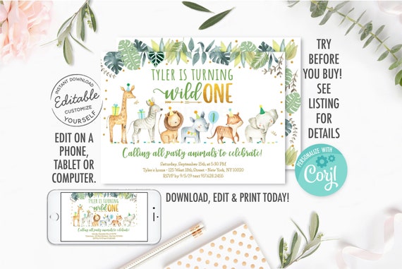 EDITABLE Wild One Safari Invitation Boy Safari Animals Jungle Zoo Animals Gender Neutral Digital Printable Instant Download Template A518 Il_570xn