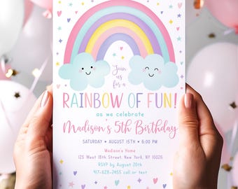 Editable Pink Pastel Rainbow Clouds Birthday Invitation, Digital Download A549