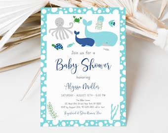 Editable Blue Under The Sea Baby Shower Invitation Nautical Baby Shower Whale Sea Creature Boy Baby Shower Digital Printable Template A179