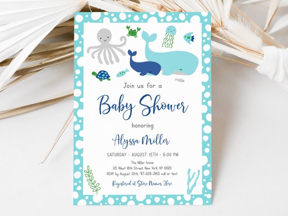 Editable Blue Under the Sea Baby Shower Invitation Nautical Baby