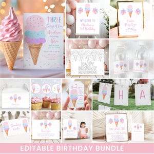 Bearbeitbares Eis-Geburtstags-Einladungs-Bundle Drei Kugeln der Spaß-Mädchen-Eiscreme-Party laden ein Rosa-Gold-Sprenkel-Ballons Download A611